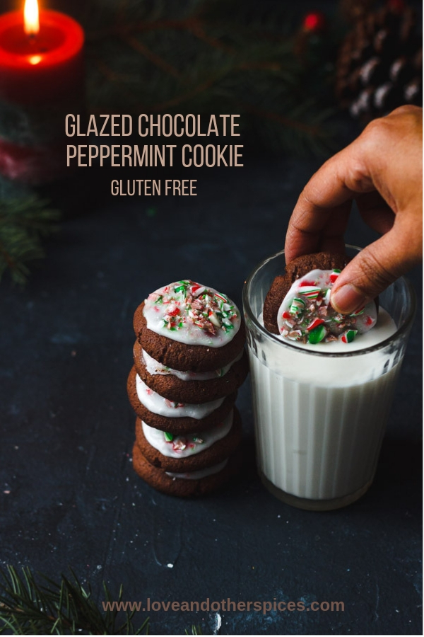 chocolate peppermint cookie dipped in milk
