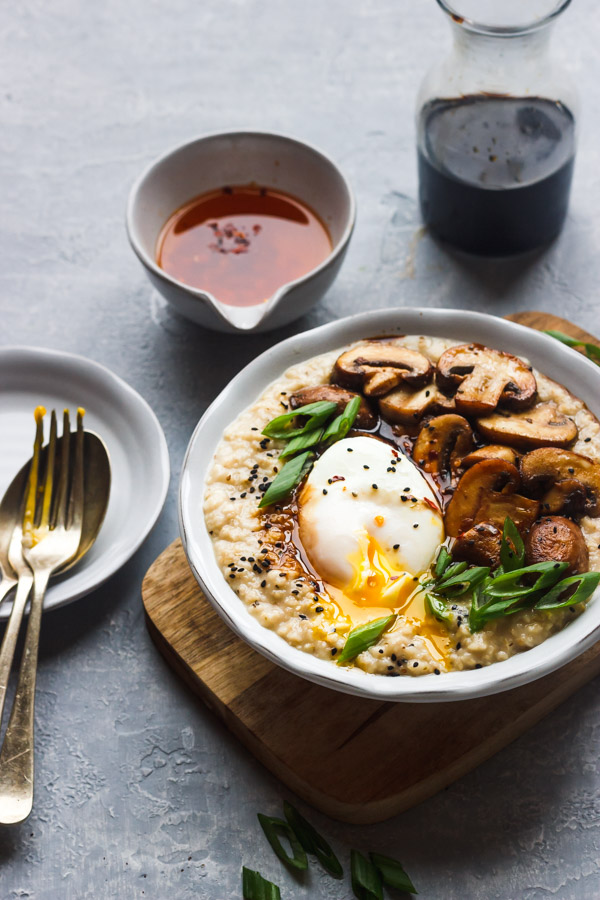 savory oatmeal with poached egg,mushrooms and scallions