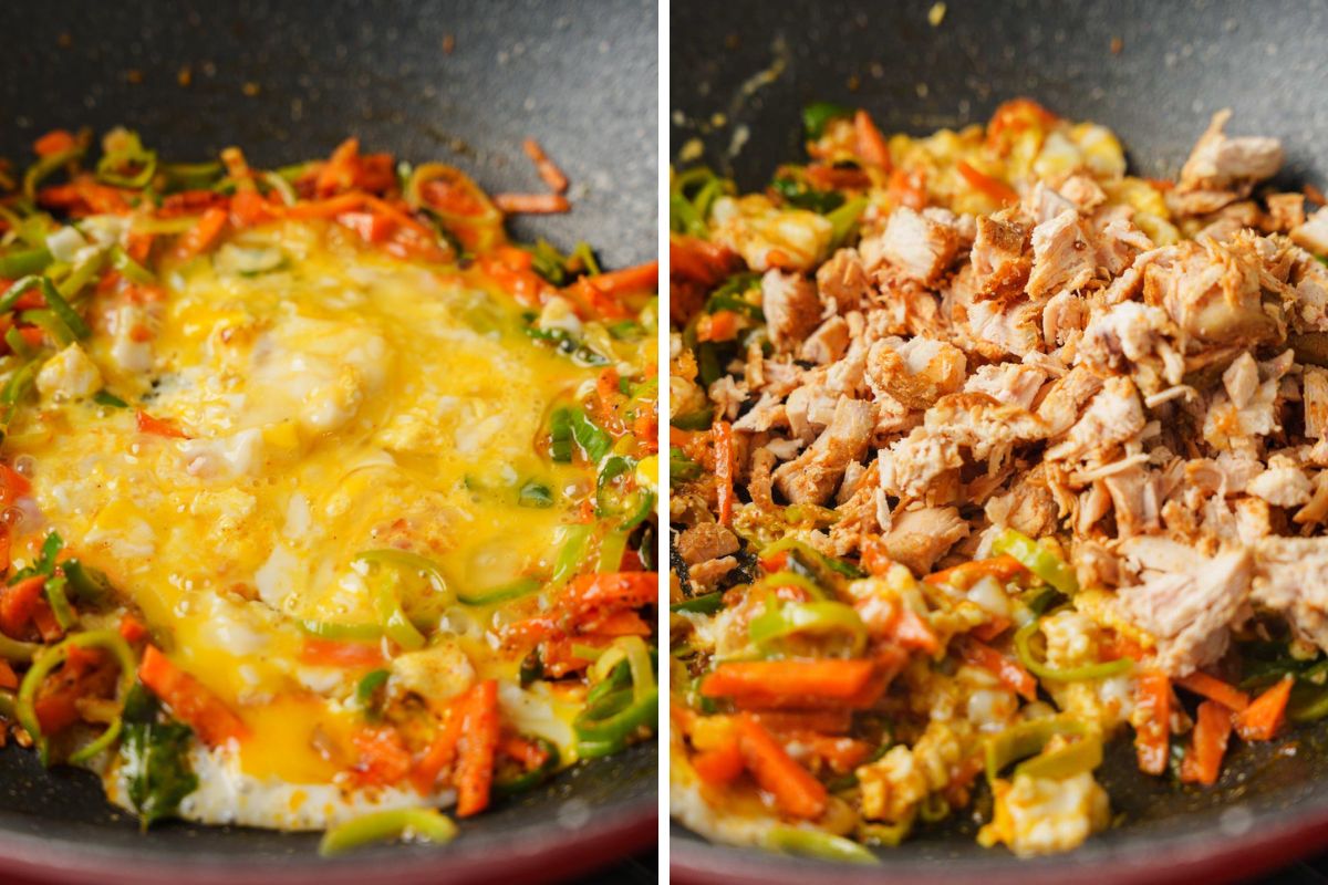 adding eggs and chicken to the kottu roti.