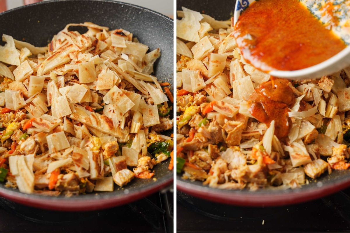 adding chopped roti and curry sauce to the kottu roti.