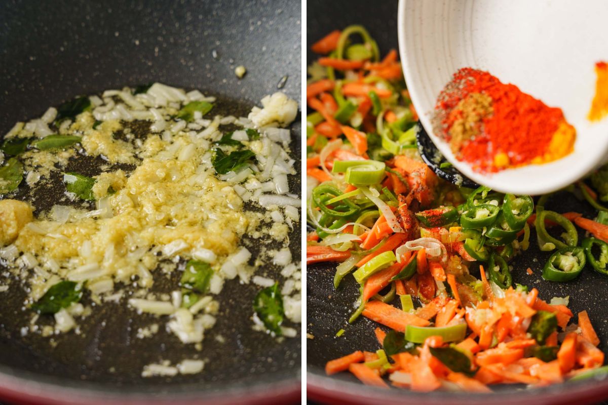 sauteing the aromatics and vegetables in a wok.