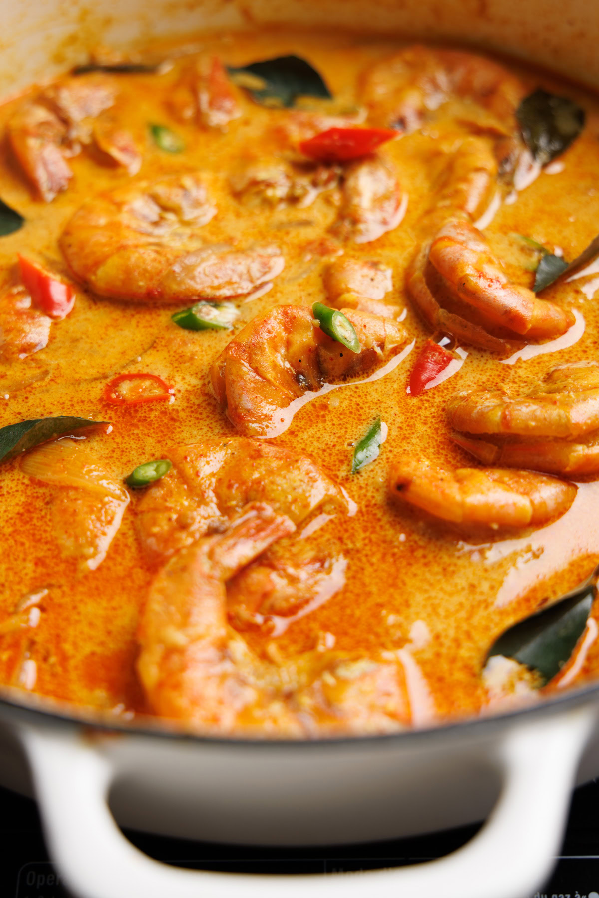sri lankan prawn curry in a pot.