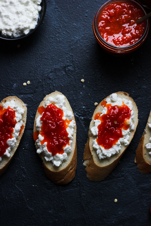 sweet chili pepper jelly on cream cheese and baguette