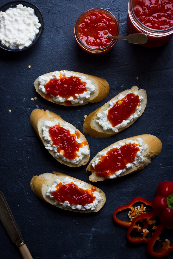 Sweet Chili Pepper Jelly with cream cheese on baguette