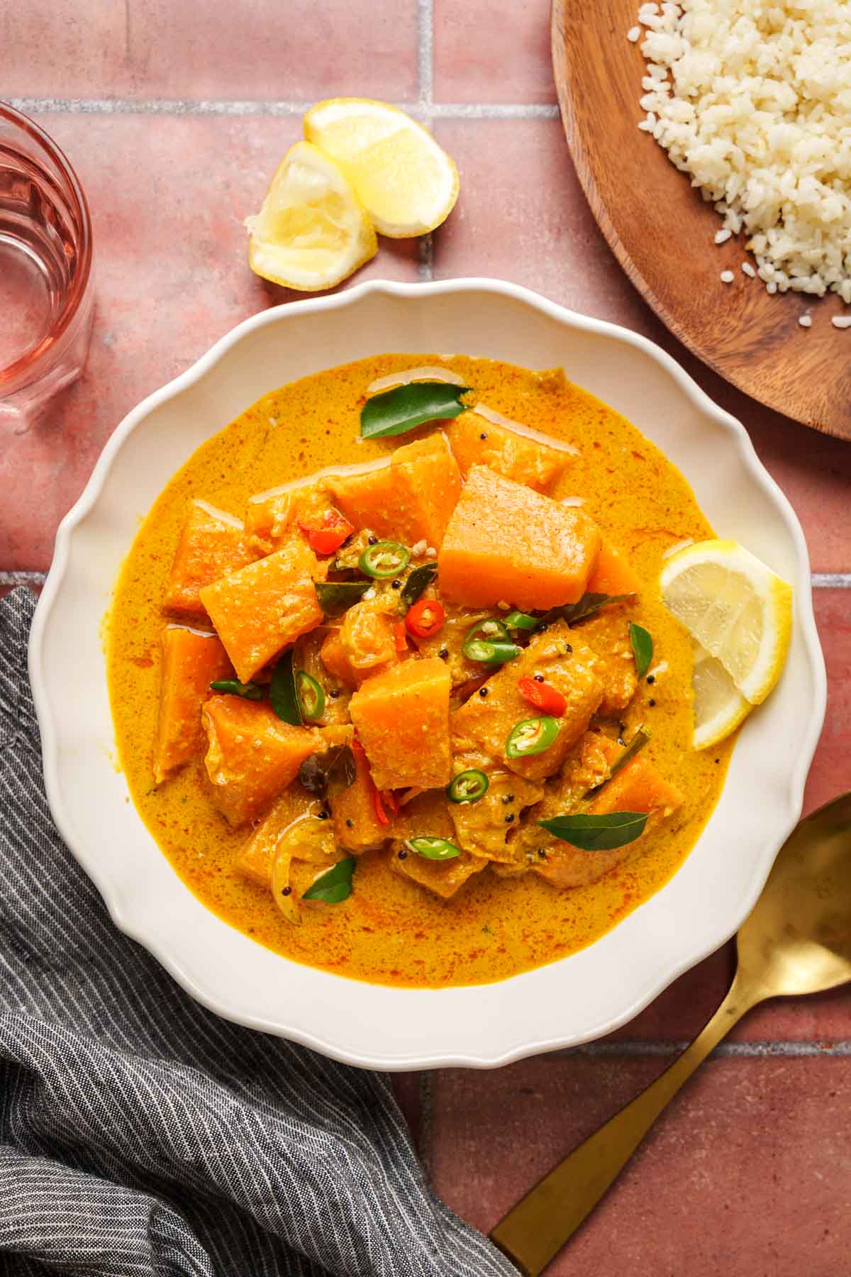 sri lankan pumpkin curry with coonut milk and spices on a bowl.