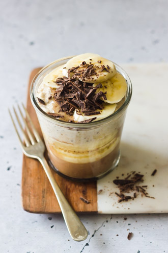 Healthy chocolate banana overnight oats in a jar.