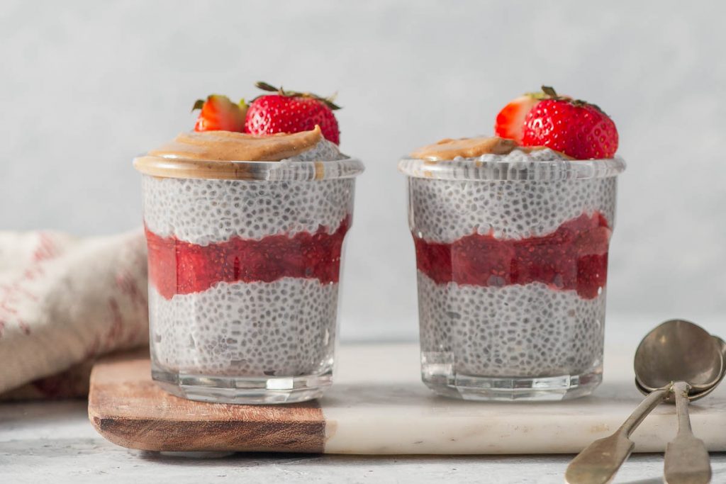 keto chia pudding parfaits with peanut butter and strawberry jam