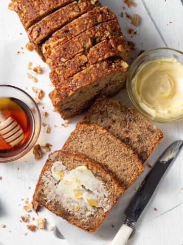 air fryer banan bread slices with butter and honey