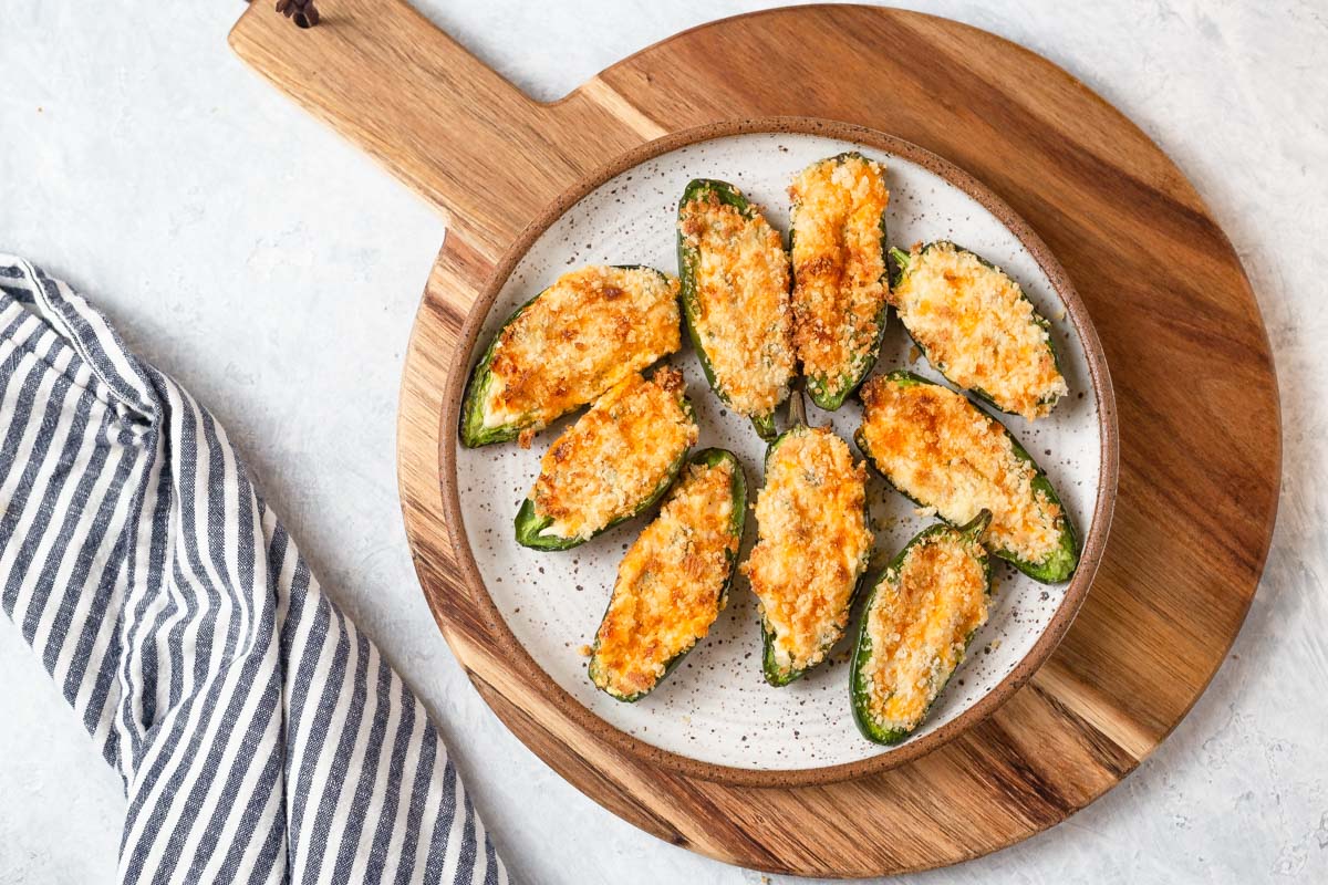 air fryer jalapeno poppers on a plate with a napkin