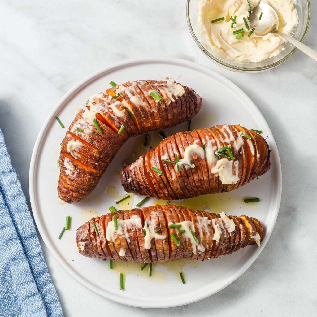 air fryer hasselback sweet potatoes with maple butter