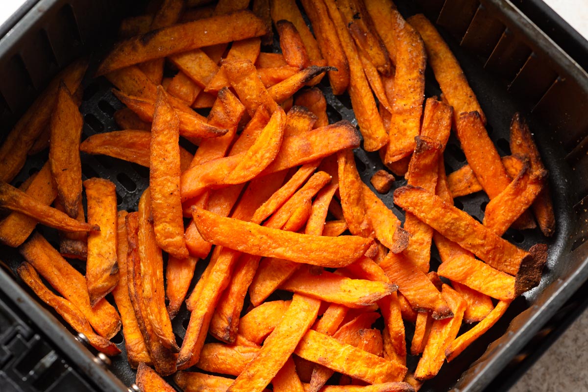 air fried frozen sweet potato fries in the air fryer.