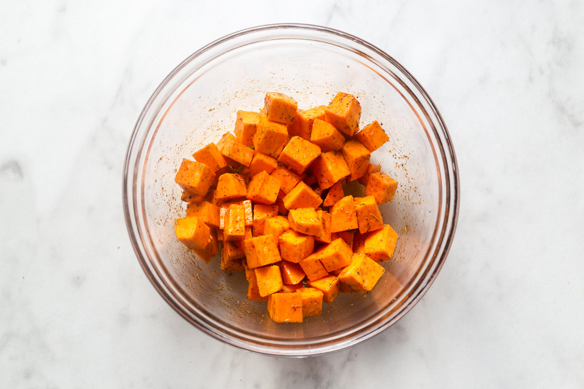 sweet potato cubes mixed with spices