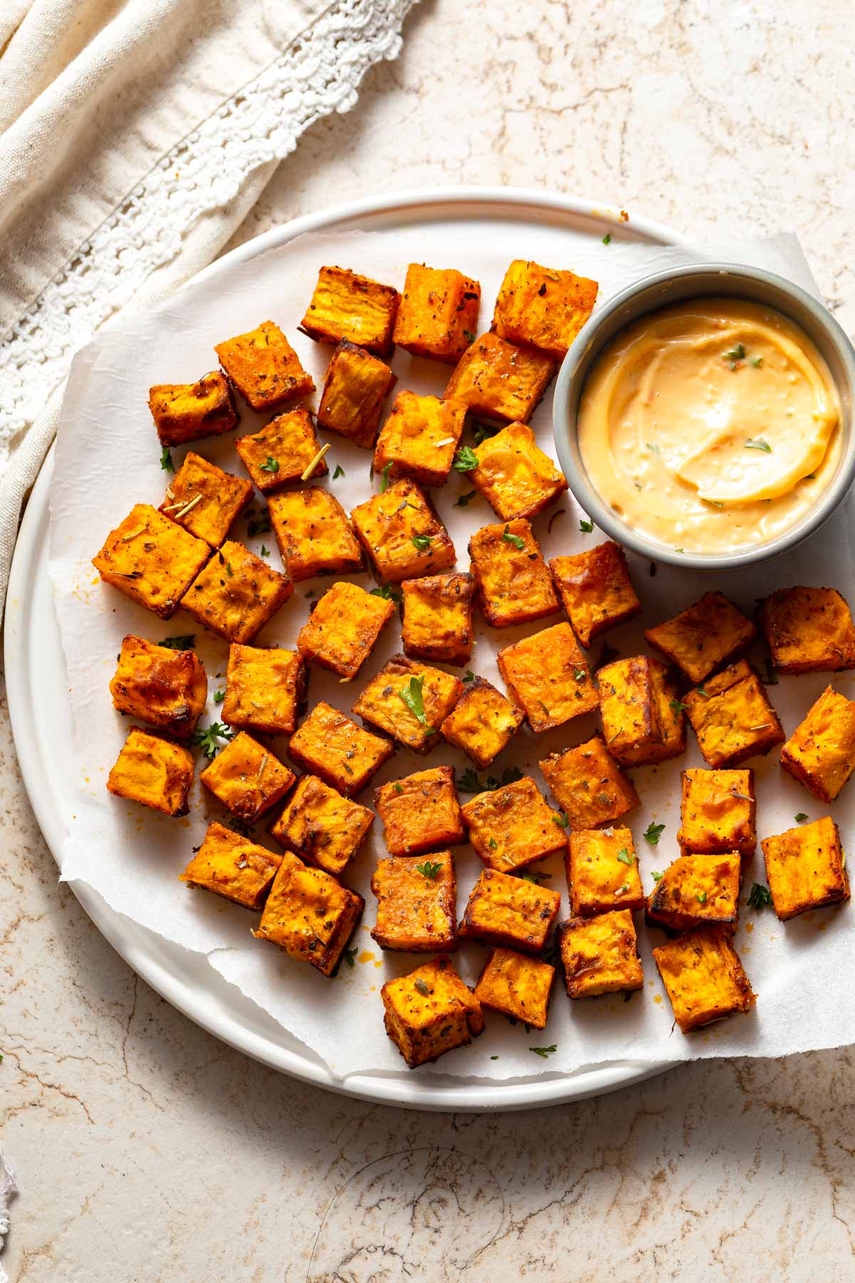 roasted sweet potato cubes in a plate