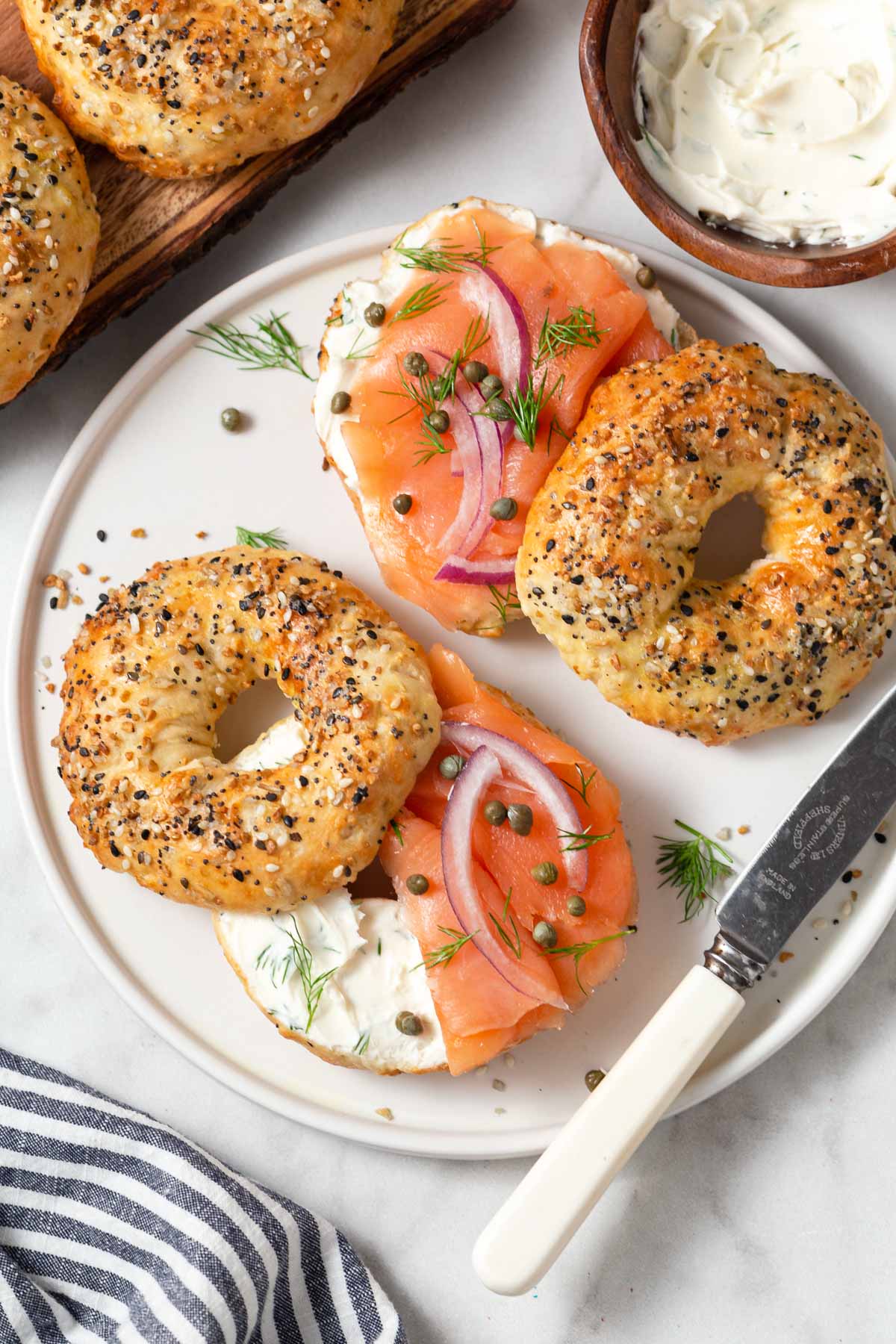 air fryer everything bagels with herbed cream cheese and smoked salmon.