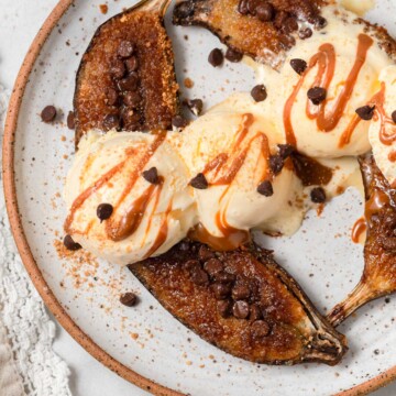 air fryer caramelized bananas with chocolate chips and vanilla ice cream.