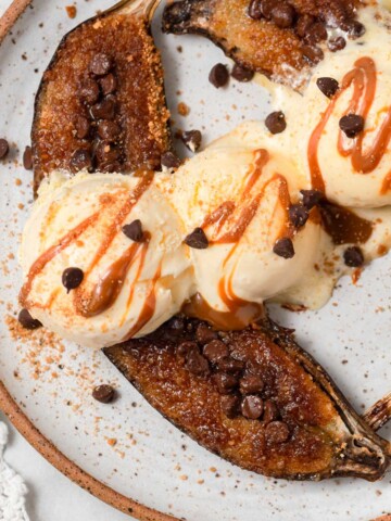 air fryer caramelized bananas with chocolate chips and vanilla ice cream.