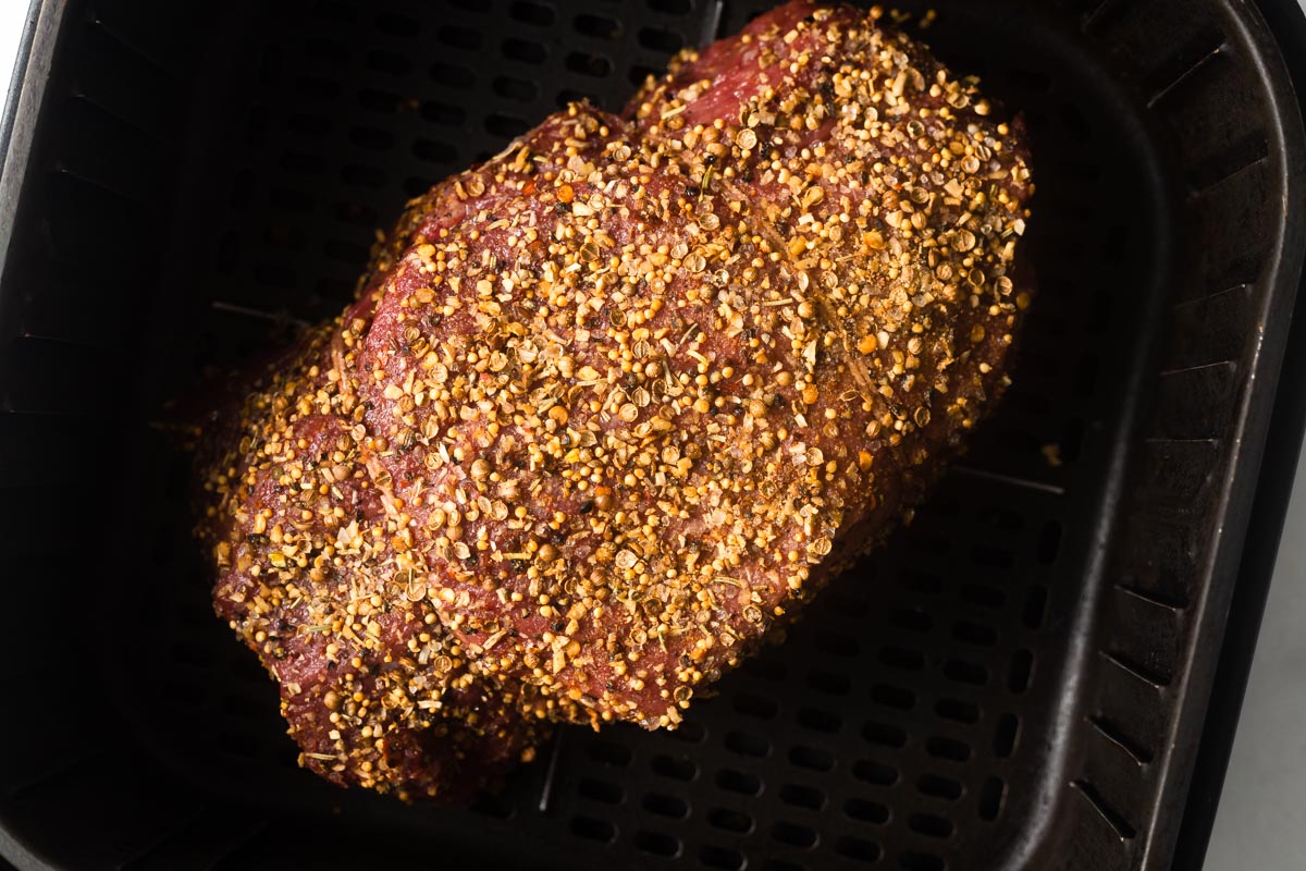 seasoned roast beef in the air fryer.