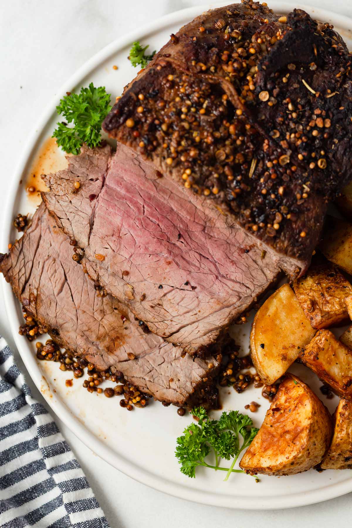 sliced classic roast beef in the air fryer.