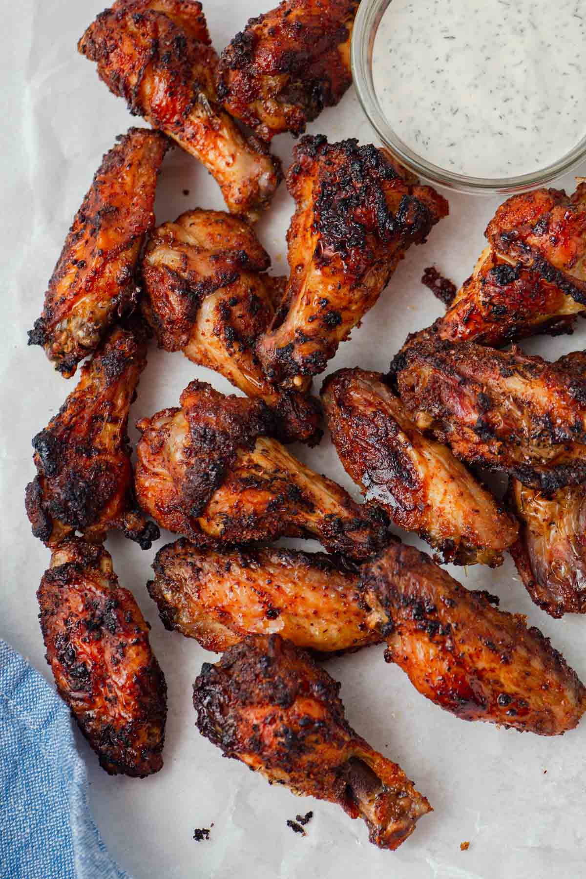 air fryer dry rub chicken wings with ranch dip.