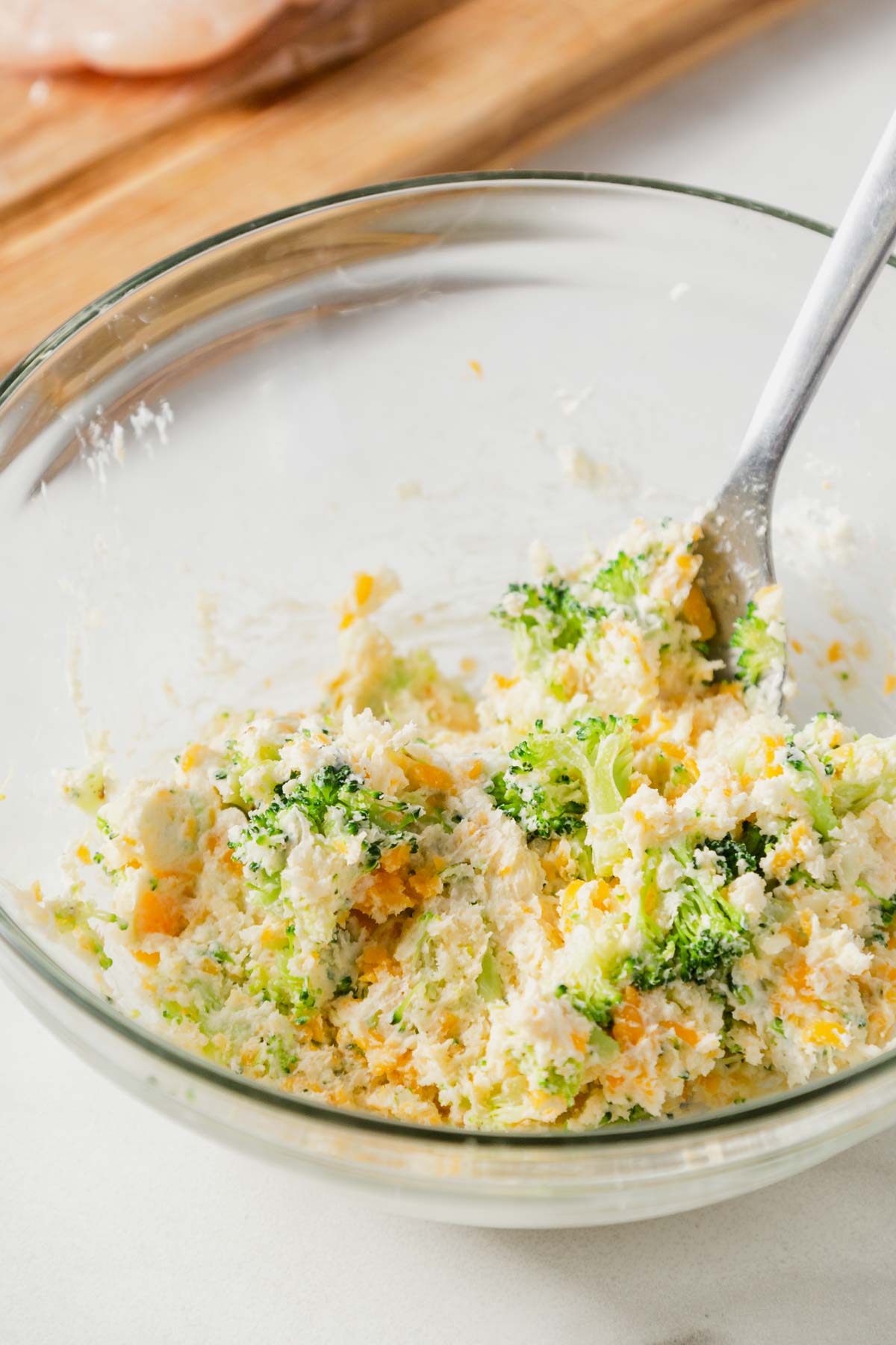 making the broccoli cheese stuffing.