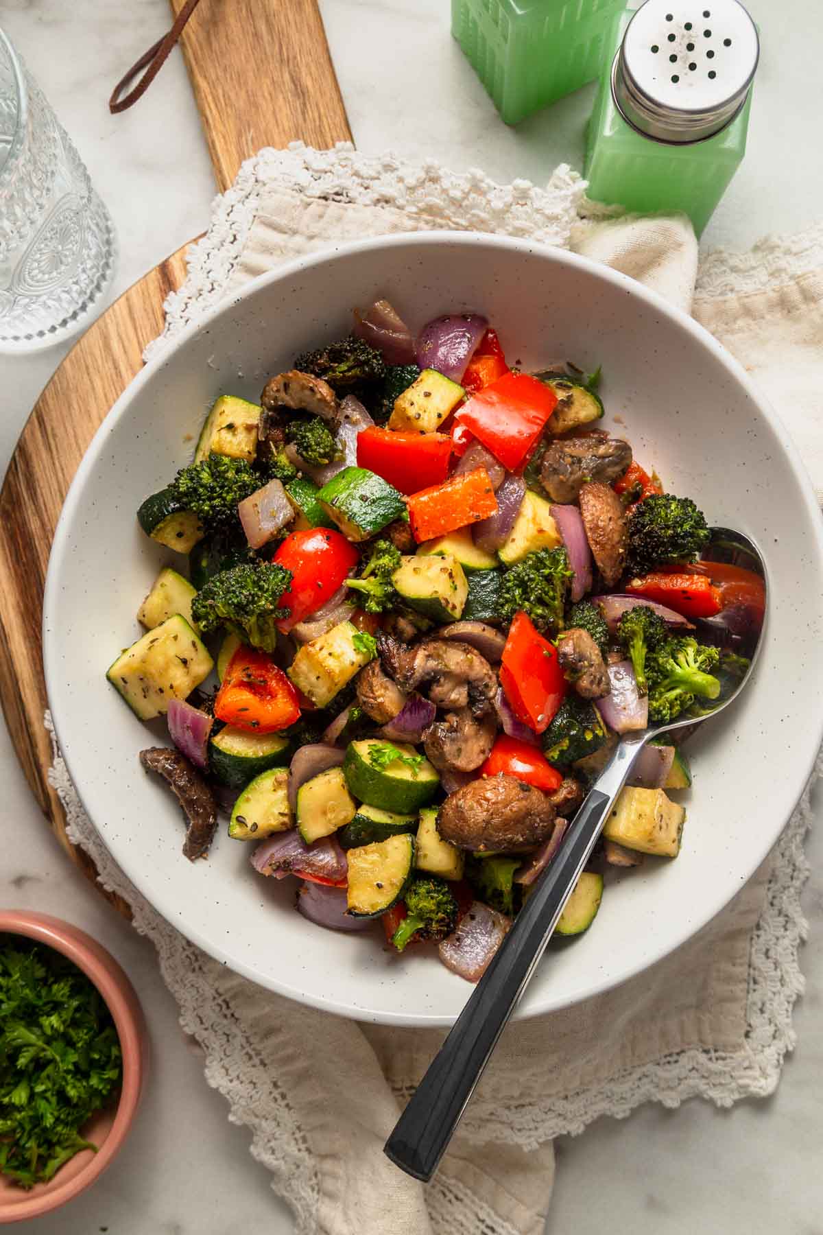 air fryer roasted vegetables on a bowl.