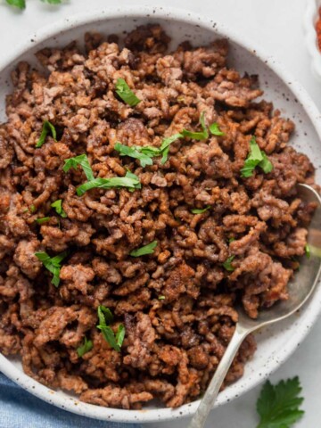 air fryer ground beef or taco meat on a plate.