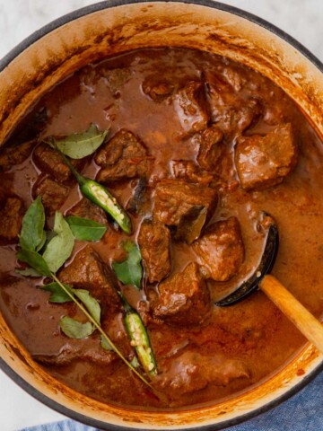 sri lankan beef curry in a pot.