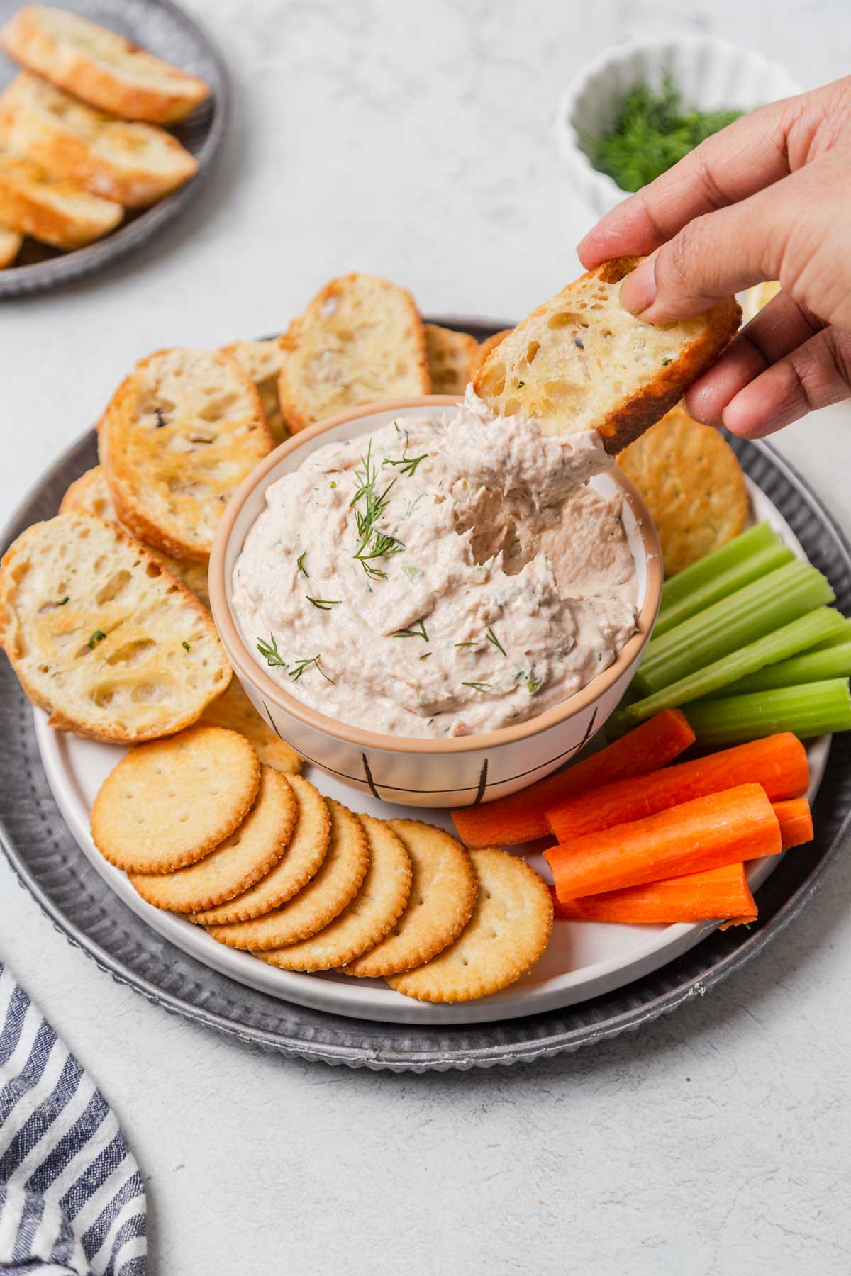 canned salmon dip with crostini, crackers and vegetables.