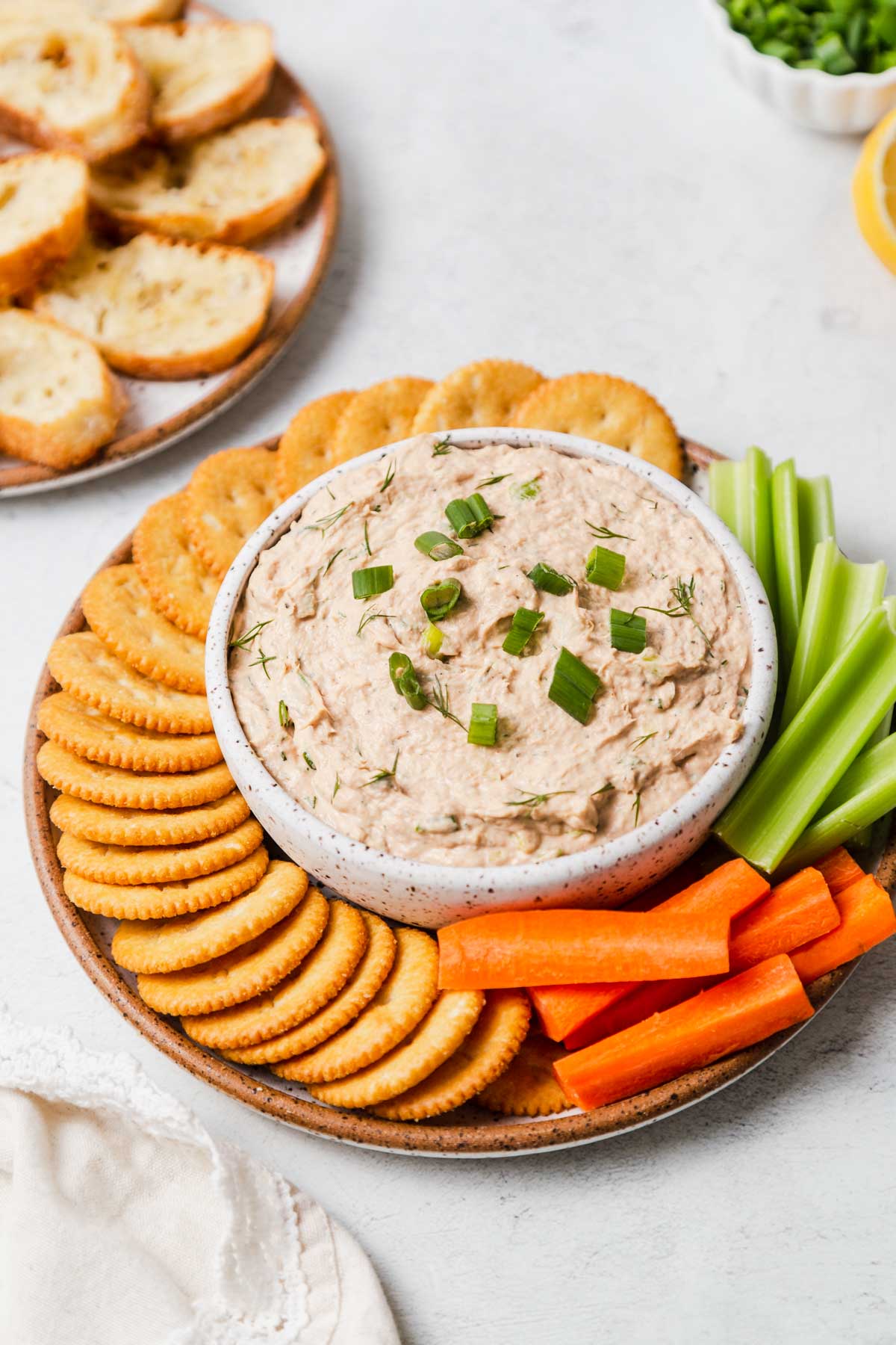 tuna dip with crackers and vegetables.