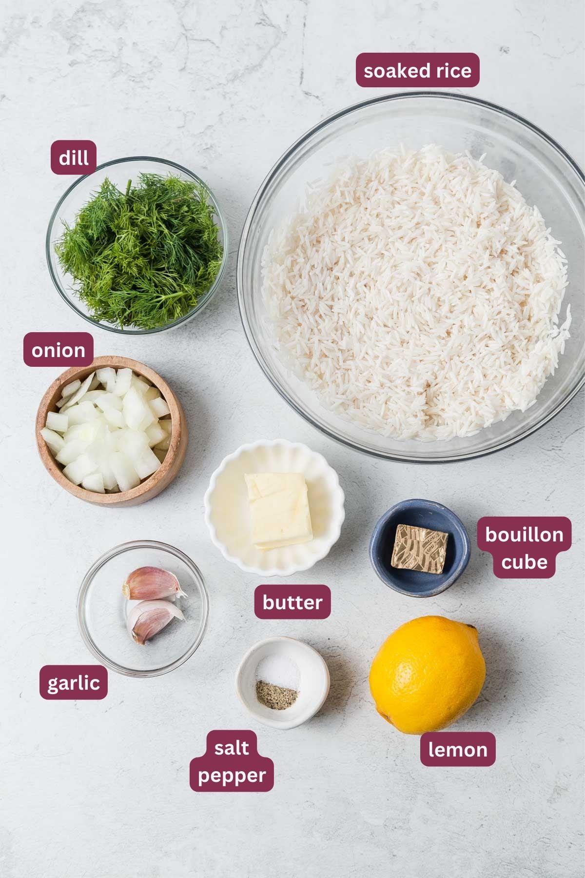 ingredients for lemon dill rice.