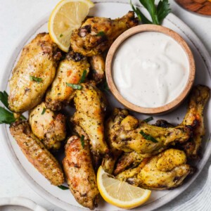 air fryer lemon pepper chicken wings with ranch.