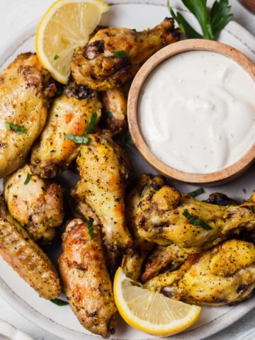 air fryer lemon pepper chicken wings with ranch.