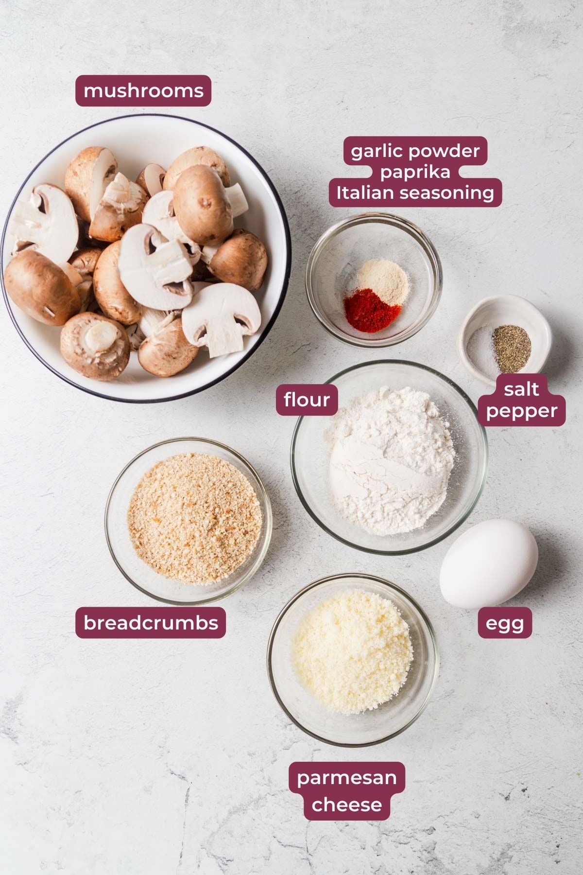 ingredients for air fryer breaded mushrooms.