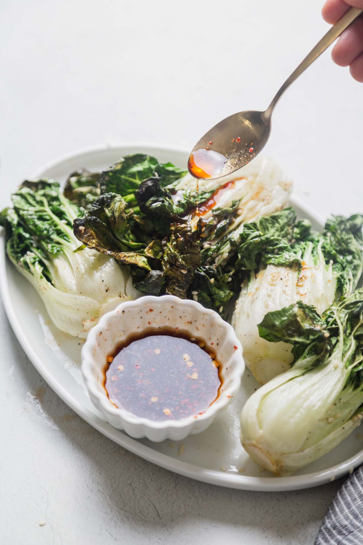 air fryer baby bok choy with dipping sauce.