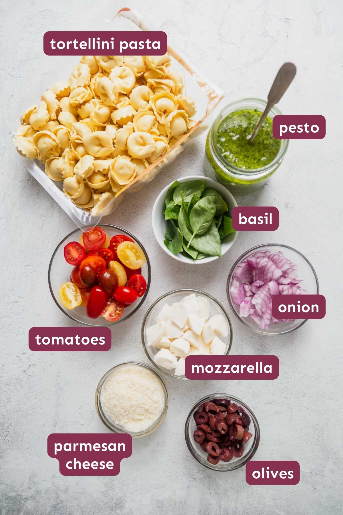 ingredients for pesto tortellini salad.