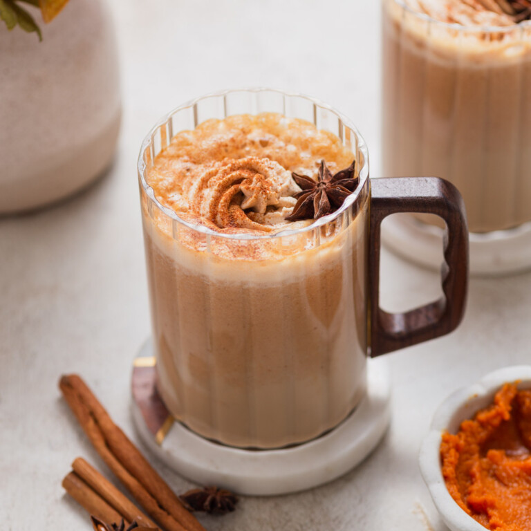 pumpkin spice chai latte in a mug.