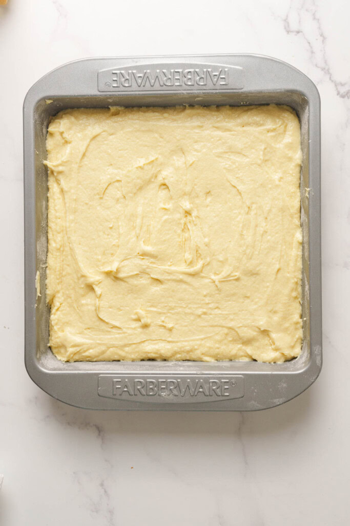 Cake batter in the baking pan.