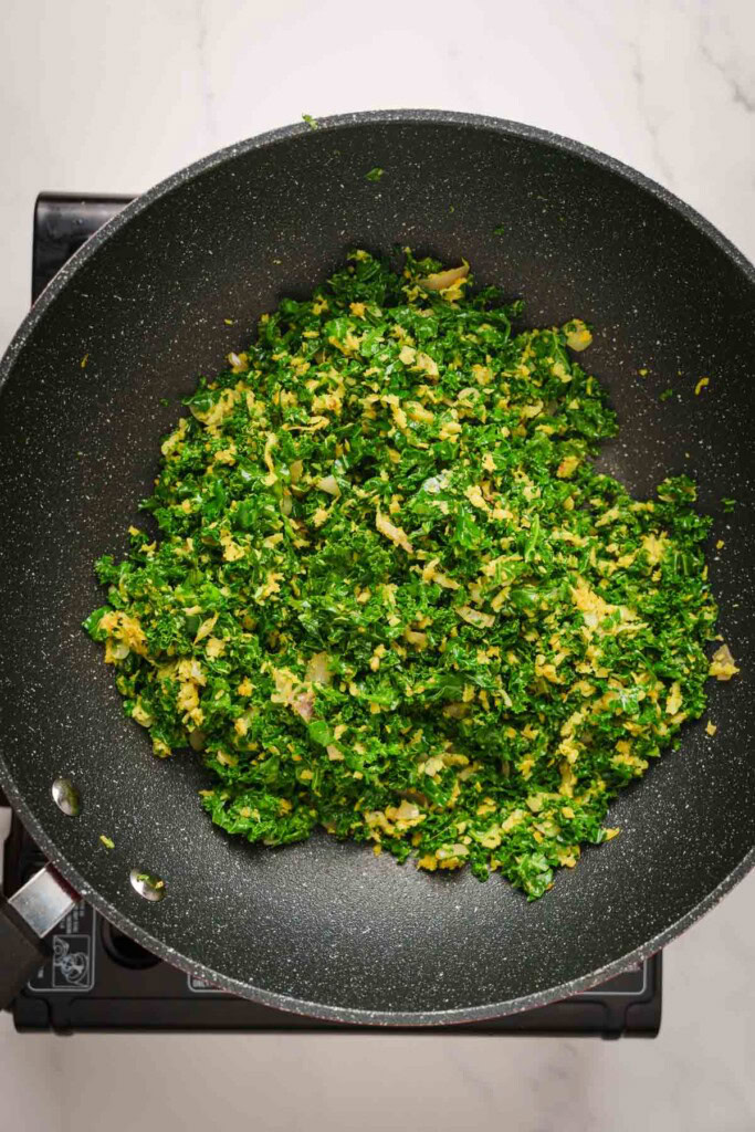 sauteed kale in a pan.