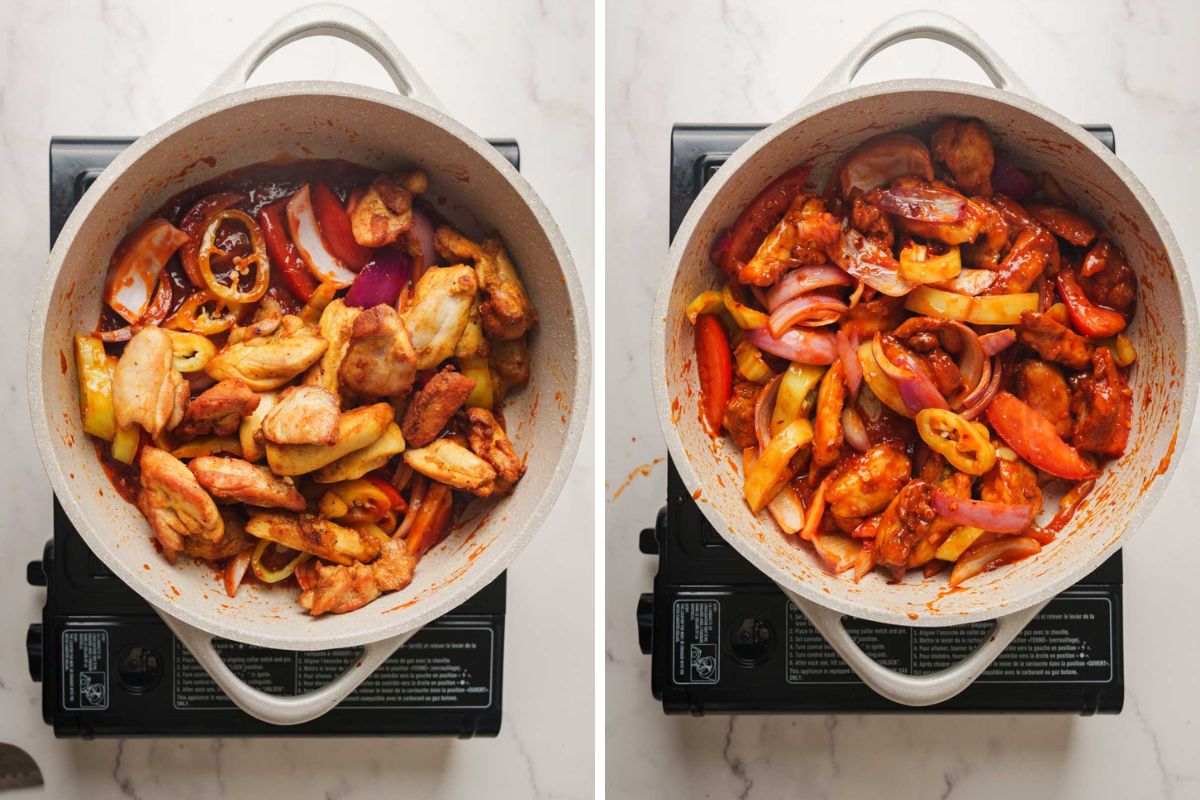 adding the chicken to the sauce and vegetables.