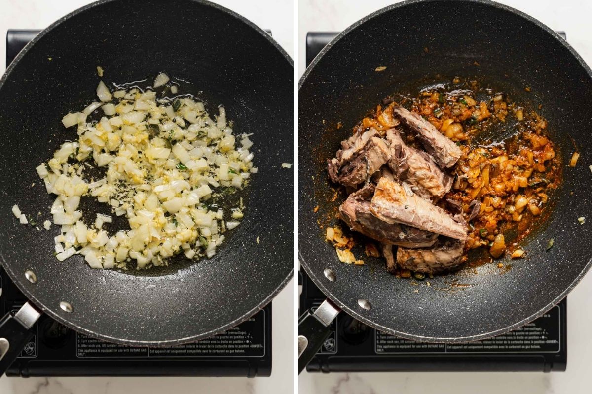 cooking the filling by sauteing the onions and adding fish to the pan.
