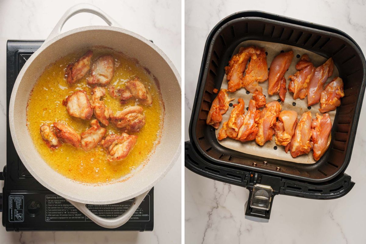 shallow frying the marinated chicken and airfrying the chiekn for devilled chicken.