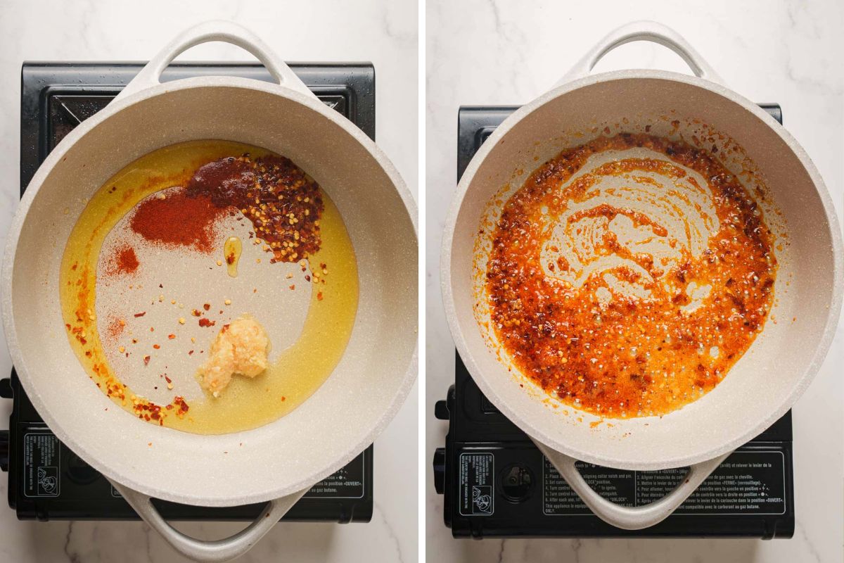 cooking the spices on a pot.