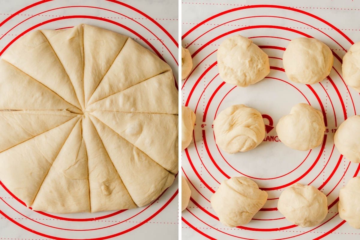 dough spread out on the counter and divided into balls.