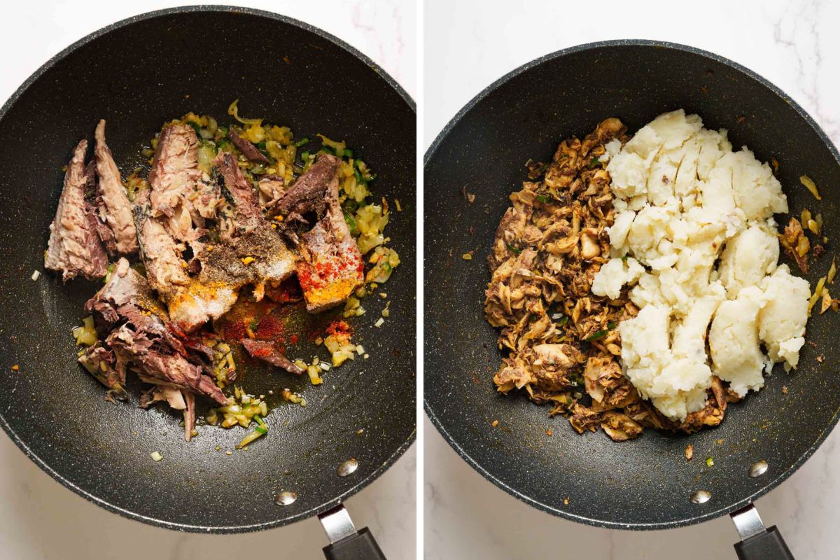 cooking the fish filling for cutlets.