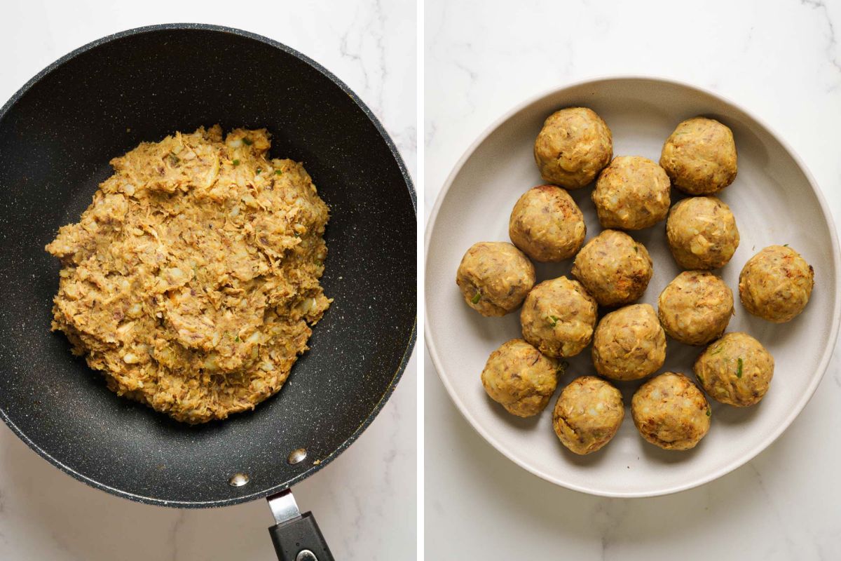 fish filling in the pot and shaping the filling into balls.