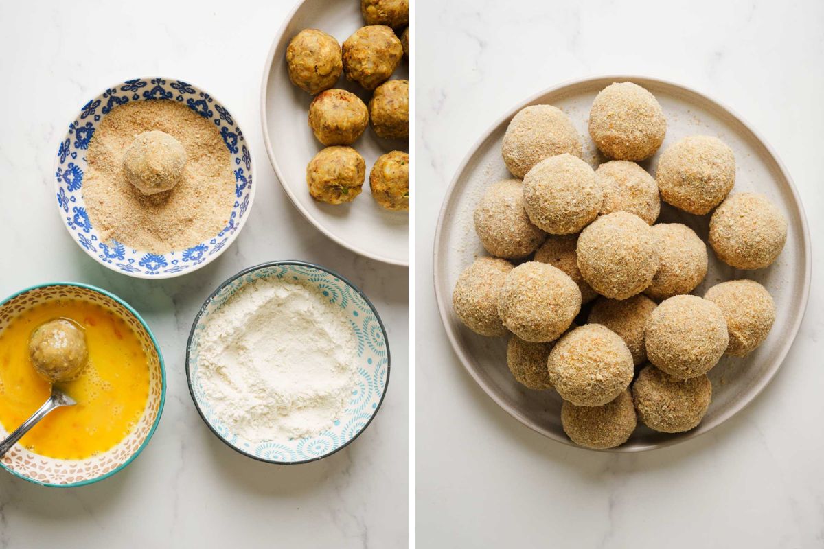 breading the cutlets and placing them on a plate ready to fry.