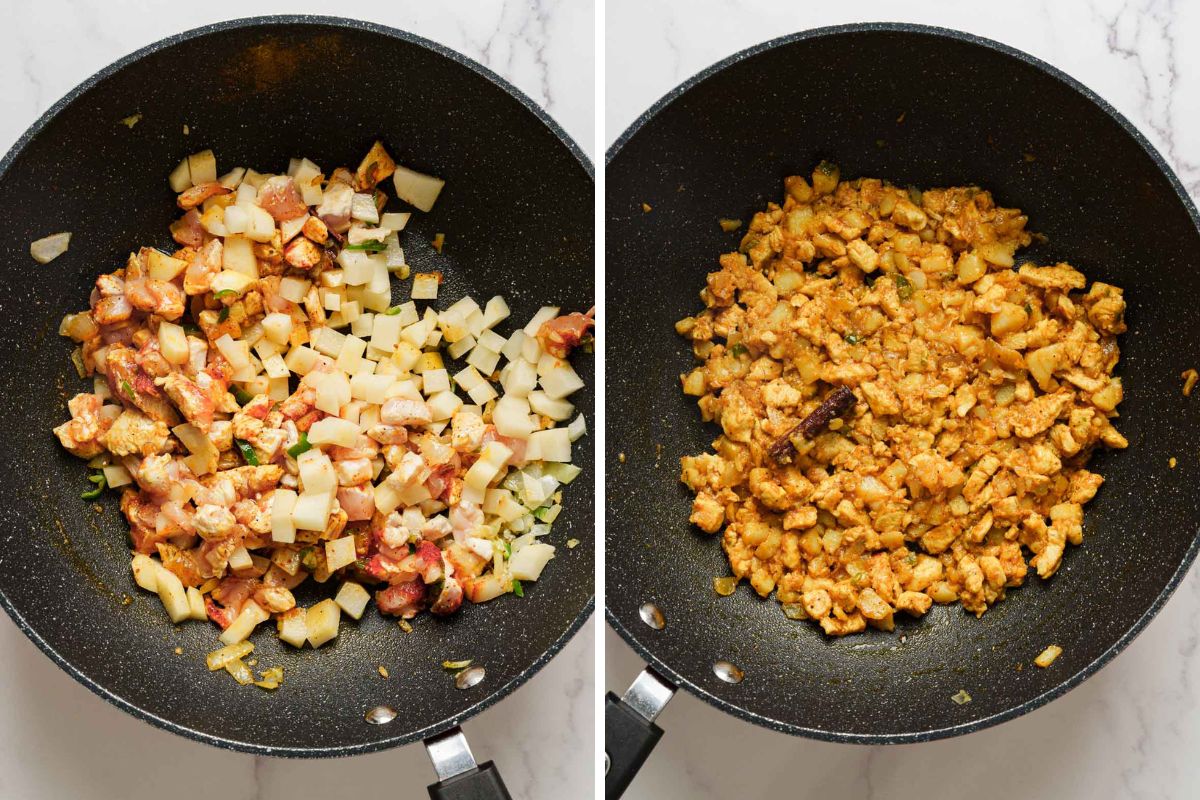 cooking the filling for sri lankan chicken patties.