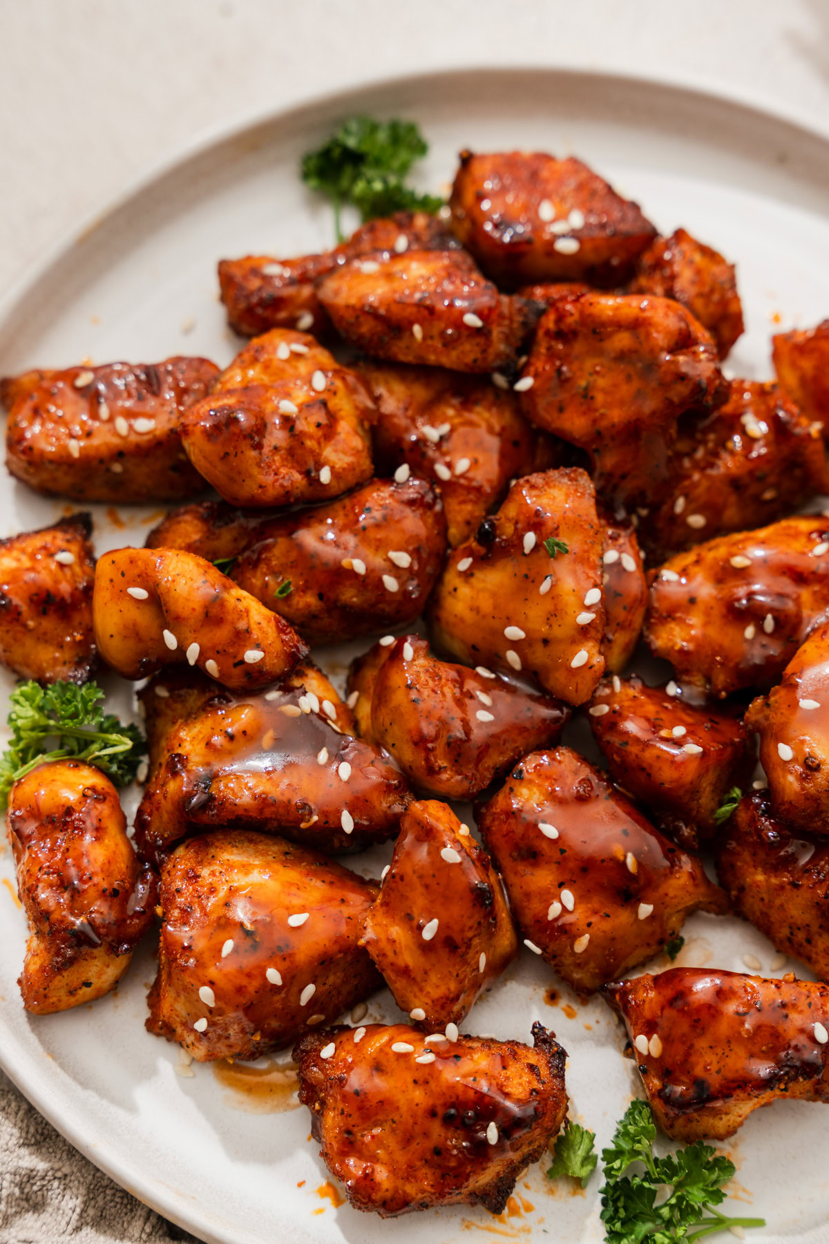 air fryer bbq chicken bites on a plate.