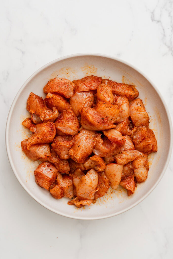 seasoned chicken on a plate in a white background.