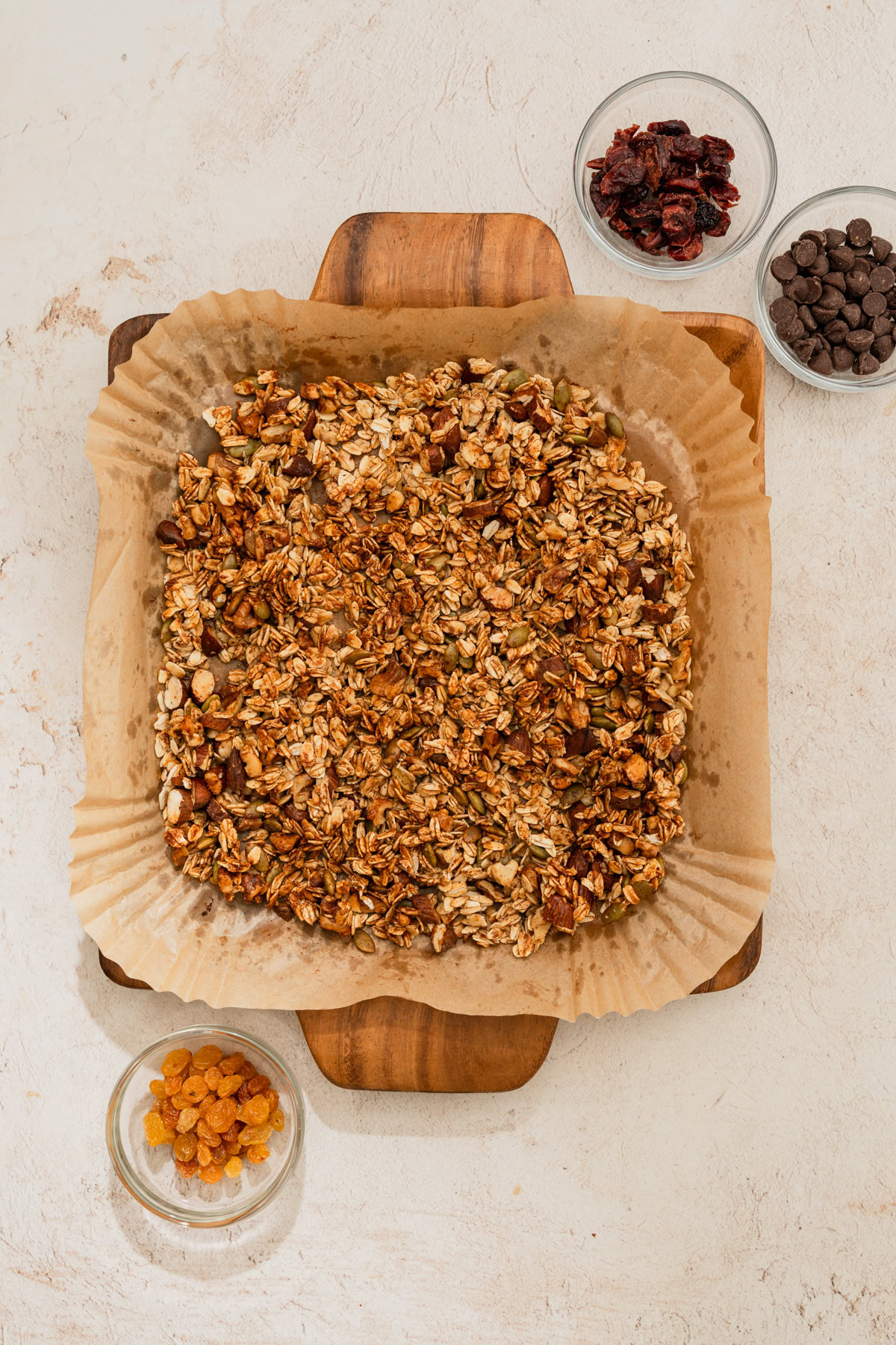 air fried granola on a platter with toppings on the side.